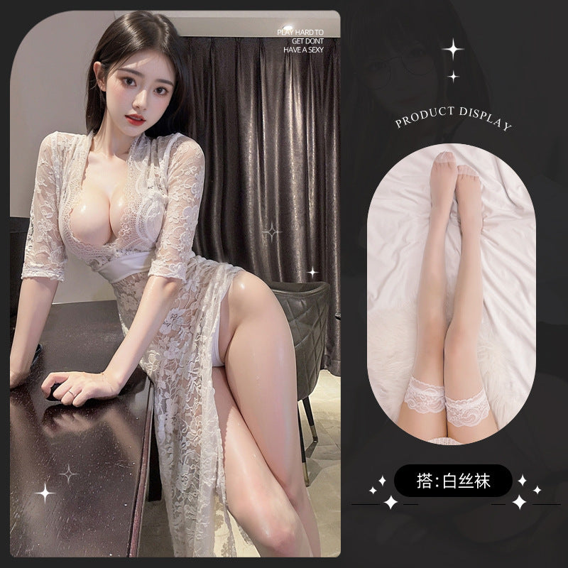 Image of Erotic lingerie cosplay no clothes lace plus size nightdress temptation royal sister secretary outfit hot see-through outfit